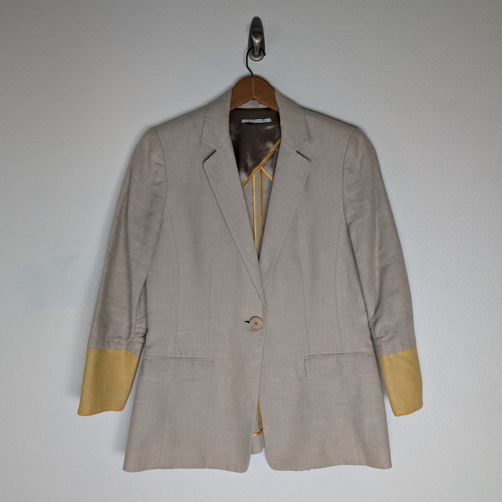 T Tahari Blazer linen cotton blend beige and yellow small size 4 ruched